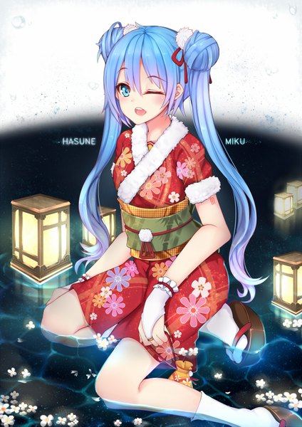 Anime picture 1240x1753 with vocaloid hatsune miku hanami dango (zzldango) single tall image blush open mouth blue eyes twintails very long hair traditional clothes japanese clothes one eye closed wink aqua hair hair bun (hair buns) girl water socks kimono