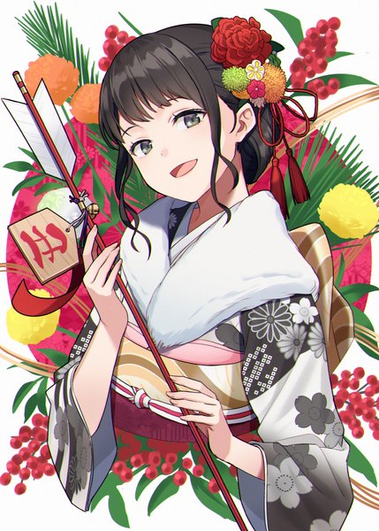 Anime picture 858x1200 with original hyuuga azuri single long hair tall image looking at viewer open mouth black hair upper body traditional clothes japanese clothes black eyes new year girl hair ornament flower (flowers) kimono obi kanzashi arrow (arrows)