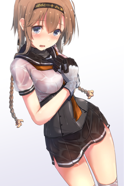 Anime picture 667x1000 with kantai collection teruzuki destroyer cuon (kuon) single long hair tall image looking at viewer blush fringe breasts blue eyes light erotic simple background hair between eyes brown hair standing white background braid (braids) head tilt pleated skirt