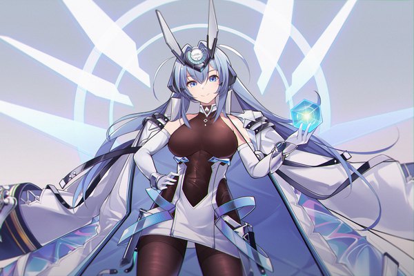 Anime picture 4800x3200 with azur lane new jersey (azur lane) rabe26k single long hair looking at viewer fringe highres blue eyes light erotic smile hair between eyes standing blue hair absurdres from below hand on hip clothes on shoulders girl gloves