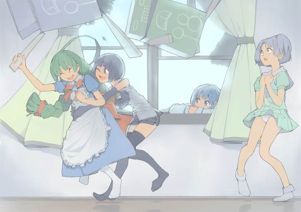 Anime picture 1240x877 with akimbo (artist) short hair open mouth blue eyes light erotic standing multiple girls blue hair braid (braids) eyes closed one eye closed barefoot green hair wink pantyshot group girl thighhighs dress gloves