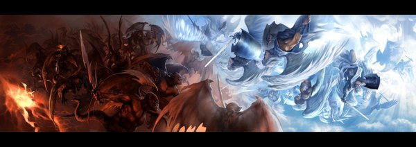 Anime picture 2960x1050 with original leo hao highres wide image cloud (clouds) white hair angel wings battle angel demon weapon sword wings tongue armor fire shield