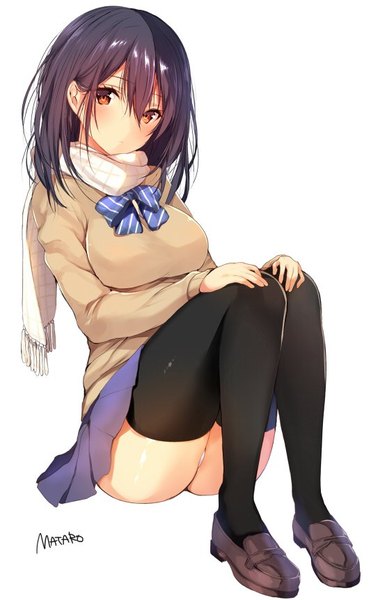 Anime picture 533x861 with original matarou (genkai toppa) single long hair tall image looking at viewer blush fringe breasts light erotic black hair simple background hair between eyes white background sitting brown eyes signed full body bent knee (knees) head tilt