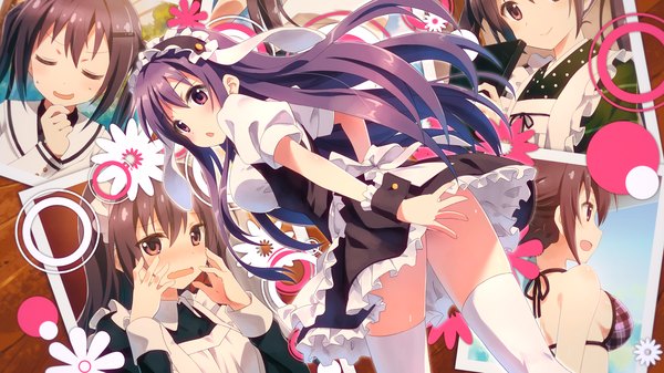 Anime picture 3840x2160 with gochuumon wa usagi desu ka? white fox tedeza rize yuuki tatsuya long hair blush highres open mouth light erotic smile wide image purple eyes absurdres purple hair eyes closed maid girl thighhighs dress uniform