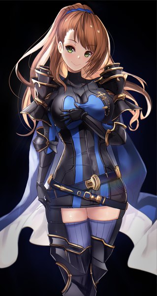 Anime picture 1776x3340 with granblue fantasy beatrix (granblue fantasy) untue single long hair tall image looking at viewer blush fringe highres breasts simple background smile brown hair large breasts standing green eyes ponytail hand on chest black background