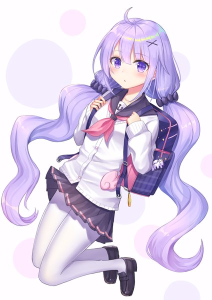Anime picture 999x1413 with azur lane unicorn (azur lane) unicorn (amusement park date) (azur lane) seungju lee single tall image blush fringe hair between eyes purple eyes twintails payot purple hair full body ahoge very long hair low twintails jumping girl uniform