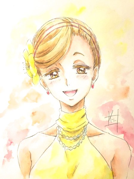 Anime picture 1208x1610 with ballroom e youkoso production i.g akagi mako nii manabu single tall image looking at viewer blush open mouth blonde hair smile bare shoulders brown eyes upper body :d hair flower portrait alternate hairstyle traditional media hair up