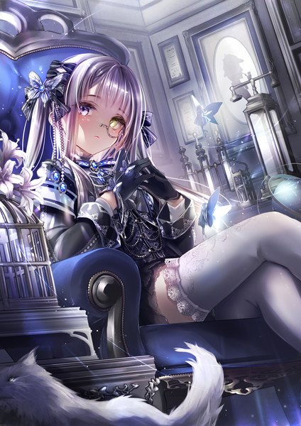 Anime picture 1447x2047 with original hane segawa single long hair tall image looking at viewer sitting purple eyes twintails yellow eyes silver hair indoors dutch angle zettai ryouiki heterochromia crossed legs fantasy fingers together dust fairy