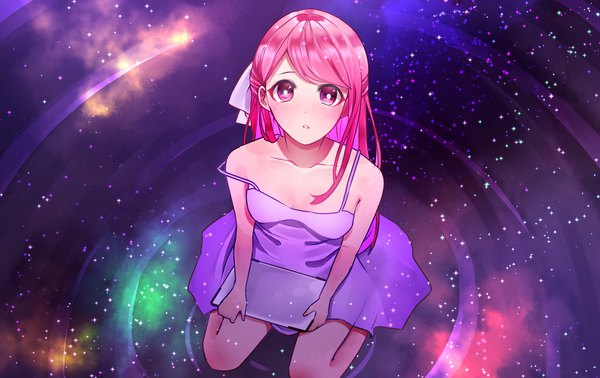 Anime picture 1900x1200 with shelter (music video) rin (shelter) mokarinsu single long hair looking at viewer blush highres breasts sitting purple eyes bare shoulders holding pink hair parted lips from above kneeling strap slip ripples girl
