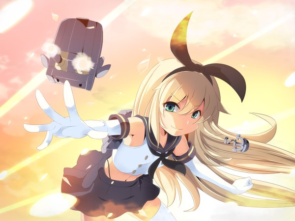 Anime picture 1600x1200 with kantai collection shimakaze destroyer rensouhou-chan meracle (artist) long hair looking at viewer blonde hair smile green eyes wallpaper zettai ryouiki flying attack girl thighhighs skirt gloves navel hair ornament underwear