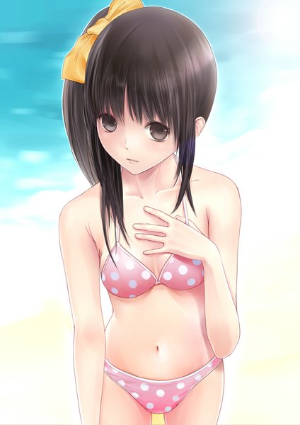 Anime picture 827x1169 with original chikuwa (odennabe) single long hair tall image looking at viewer light erotic black hair bare shoulders head tilt black eyes bare belly hand on chest girl navel bow swimsuit hair bow bikini