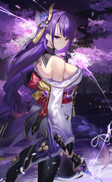 Anime picture 1533x2500 with genshin impact raiden shogun scottie (phantom2) single tall image looking at viewer fringe breasts light erotic large breasts purple eyes holding purple hair outdoors blunt bangs braid (braids) very long hair traditional clothes japanese clothes looking back