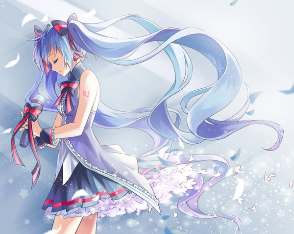 Anime picture 1005x800 with vocaloid hatsune miku ouu min single twintails bare shoulders eyes closed very long hair profile aqua hair girl dress bow hair bow petals