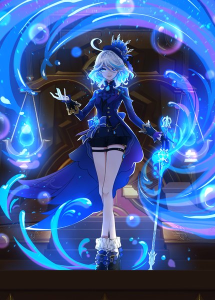 Anime picture 1806x2521 with genshin impact furina (genshin impact) ruyi single tall image looking at viewer fringe highres short hair open mouth blue eyes smile hair between eyes standing blue hair silver hair full body ahoge long sleeves :d