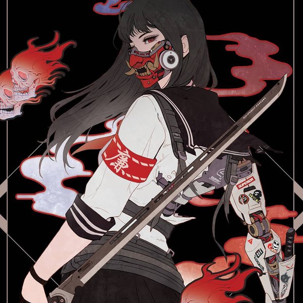 Anime picture 1080x1080 with original gharly single long hair looking at viewer fringe black hair red eyes standing holding profile from behind mole mole under eye floating hair torn clothes hieroglyph black background mechanical mechanical arms