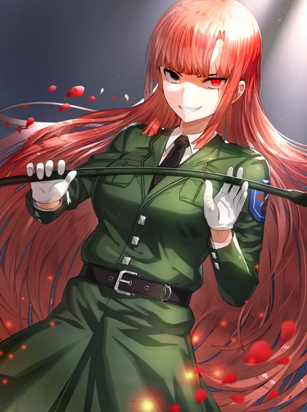 Anime picture 875x1175 with original kfr single long hair tall image looking at viewer fringe smile red eyes standing brown eyes orange hair heterochromia facial mark light clenched teeth girl gloves uniform petals