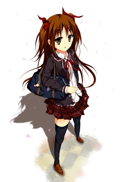 Anime picture 806x1200 with original 9ikia (artist) single long hair tall image looking at viewer open mouth brown hair green eyes pleated skirt from above shadow two side up girl thighhighs skirt uniform bow school uniform shirt