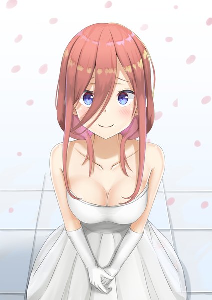 Anime picture 1447x2047 with go-toubun no hanayome nakano miku plu xx single long hair tall image looking at viewer blush fringe breasts blue eyes light erotic simple background smile hair between eyes large breasts standing white background bare shoulders cleavage