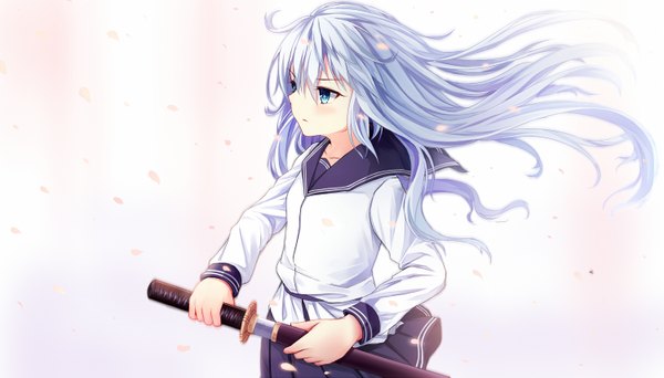 Anime picture 1500x857 with kantai collection hibiki destroyer verniy destroyer qunqing single long hair looking at viewer blue eyes wide image white background blue hair girl uniform weapon petals sword serafuku katana