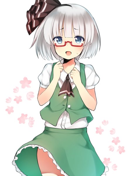 Anime picture 1000x1300 with touhou konpaku youmu pokachu single tall image blush short hair open mouth blue eyes simple background white background white hair puffy sleeves bespectacled girl skirt flower (flowers) ribbon (ribbons) hair ribbon shirt