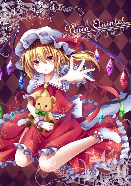Anime picture 1414x2000 with touhou flandre scarlet kure~pu single long hair tall image blush blonde hair traditional clothes parted lips inscription orange eyes multicolored eyes girl skirt wings socks frills white socks toy