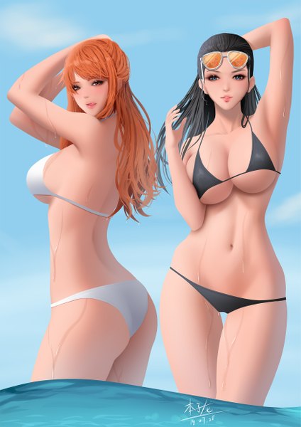 Anime picture 1753x2480 with one piece toei animation nami (one piece) nico robin zyl long hair tall image looking at viewer blush fringe highres breasts blue eyes light erotic black hair large breasts standing bare shoulders multiple girls signed