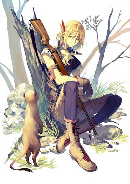 Anime picture 724x1023 with original yamakawa single tall image fringe short hair blonde hair smile hair between eyes red eyes white background sitting looking away bent knee (knees) braid (braids) lacing lace-up boots boy gloves weapon
