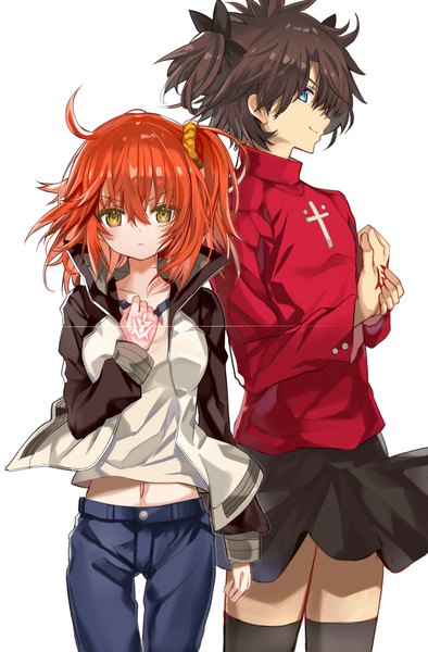 Anime picture 855x1300 with fate (series) fate/grand order fate/stay night toosaka rin fujimaru ritsuka (female) emiya shirou fujimaru ritsuka (male) shino (eefy) tall image looking at viewer fringe short hair blue eyes simple background smile hair between eyes brown hair white background yellow eyes payot