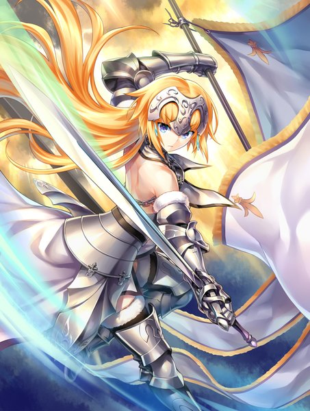 Anime picture 900x1191 with fate (series) fate/grand order fate/apocrypha jeanne d'arc (fate) (all) jeanne d'arc (fate) kousaki rui single long hair tall image fringe blonde hair purple eyes bare shoulders looking away bent knee (knees) from above bare back fighting stance girl weapon