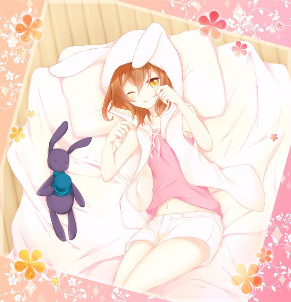 Anime picture 1143x1185 with original akane (goma) goma (11zihisin) tall image short hair yellow eyes one eye closed wink orange hair girl shorts pillow toy stuffed animal bunny white shorts top hat