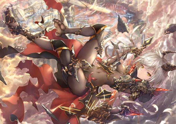 Anime picture 1351x955 with original yue ying jin feng single looking at viewer fringe short hair breasts light erotic hair between eyes holding yellow eyes silver hair cloud (clouds) full body bent knee (knees) outdoors horn (horns) from above high heels covered navel