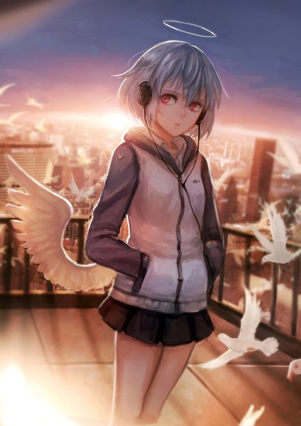 Anime picture 1200x1697 with original bryanth single tall image fringe red eyes standing looking away parted lips pleated skirt grey hair city cityscape white wings hands in pockets angel morning sunrise girl skirt
