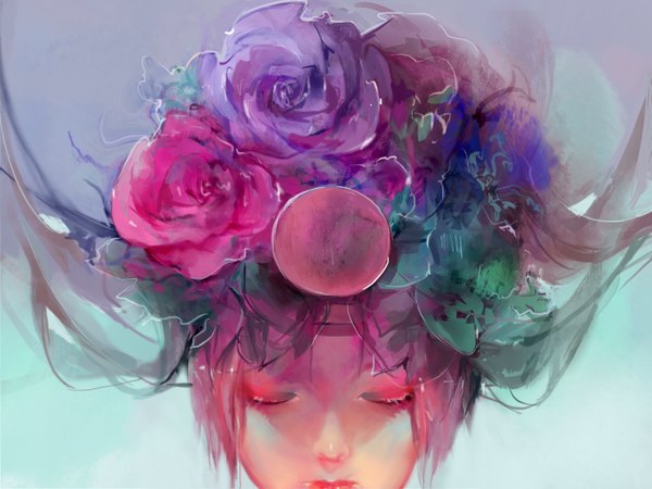 Аниме картинка 1400x1050 с оригинальное изображение terrie923 один (одна) чёлка короткие волосы розовые волосы закрытые глаза цветок в волосах губы тени для век девушка украшения для волос цветок (цветы) роза (розы)