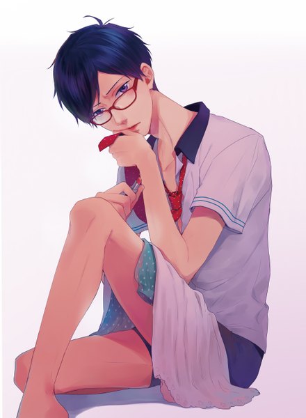 Anime picture 990x1350 with free! kyoto animation ryugazaki rei otsuki (artist) single tall image looking at viewer blush short hair simple background white background sitting purple eyes blue hair legs lipstick boy glasses necktie