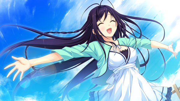 Anime picture 2560x1440 with koisuru natsu no last resort kouzaki umi marui (koedame) single long hair blush highres breasts open mouth smile wide image large breasts game cg sky cleavage purple hair cloud (clouds) ahoge eyes closed happy