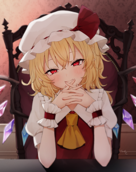 Anime picture 1747x2203 with touhou flandre scarlet honotai single tall image looking at viewer fringe highres short hair blonde hair smile hair between eyes red eyes upper body indoors head tilt interlocked fingers girl hat wings