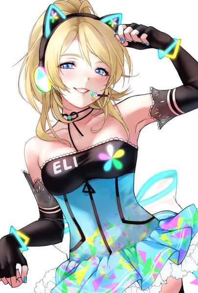 Anime picture 1378x2039 with love live! school idol project sunrise (studio) love live! ayase eli kate iwana single long hair tall image looking at viewer blush fringe breasts open mouth blue eyes blonde hair simple background smile hair between eyes standing white background