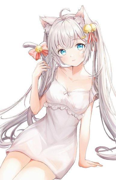 Anime picture 1100x1708 with original kottungyang single long hair tall image looking at viewer blush fringe breasts blue eyes simple background white background sitting twintails animal ears payot cleavage silver hair ahoge tail