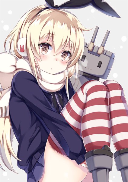 Anime picture 600x849 with kantai collection shimakaze destroyer rensouhou-chan yuzu-aki single long hair tall image looking at viewer light erotic simple background blonde hair hair between eyes sitting brown eyes ass long sleeves pleated skirt grey background striped :3