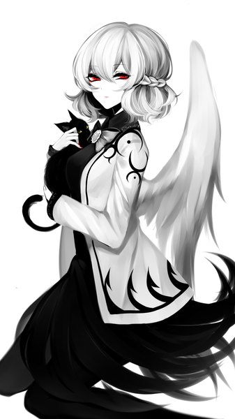 Anime picture 2190x3900 with touhou kishin sagume sheya single tall image looking at viewer highres short hair simple background red eyes white background braid (braids) long sleeves nail polish hug monochrome half updo angel wings red nail polish spot color