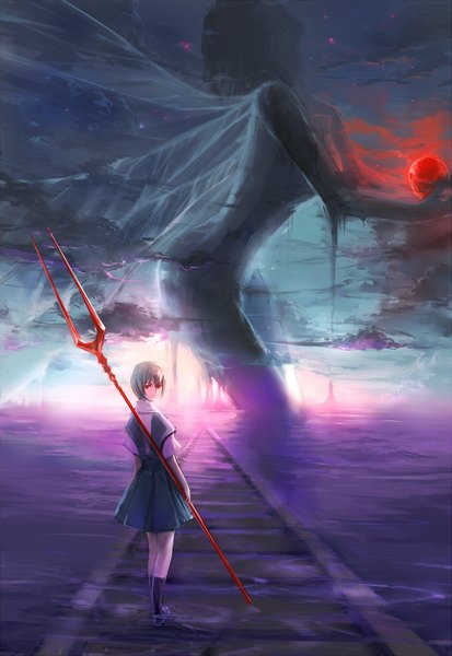 Anime picture 1031x1498 with neon genesis evangelion rebuild of evangelion evangelion: 2.0 you can (not) advance gainax ayanami rei kzcjimmy tall image short hair red eyes blue hair silver hair looking back red moon girl uniform weapon school uniform wings water lance of longinus (evangelion)