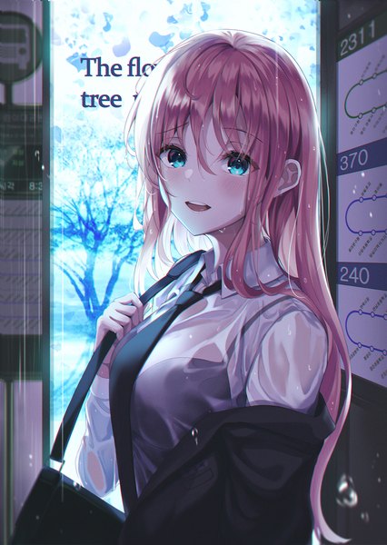 Anime picture 1500x2112 with original gongha single long hair tall image looking at viewer blush fringe breasts open mouth blue eyes smile hair between eyes standing payot pink hair upper body outdoors :d off shoulder