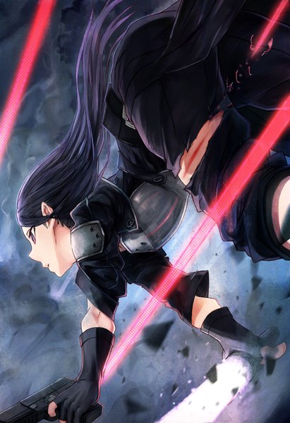 Anime picture 1200x1750 with sword art online a-1 pictures kirigaya kazuto tagme (artist) single long hair tall image holding purple hair fighting stance dual wielding bleeding boy gloves weapon sword black gloves armor fingerless gloves gun