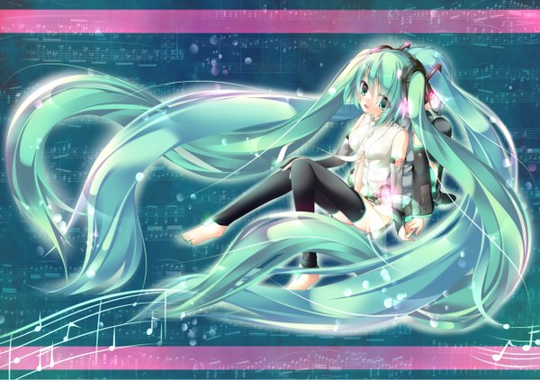 Anime picture 2480x1748 with vocaloid vocaloid append hatsune miku hatsune miku (append) mayuzaki yuu highres twintails green eyes very long hair barefoot green hair girl detached sleeves