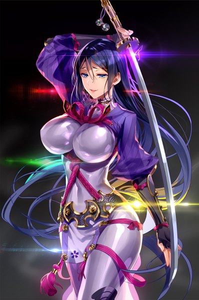 Anime picture 1658x2500 with fate (series) fate/grand order minamoto no raikou (fate) murakami yuichi single tall image fringe breasts light erotic simple background smile hair between eyes large breasts standing purple eyes holding payot looking away purple hair very long hair