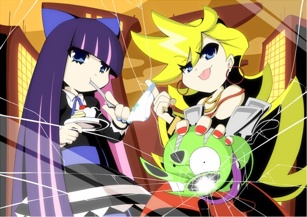 Anime picture 1285x910 with panty & stocking with garterbelt anarchy stocking anarchy panty chuck (psg) long hair blonde hair bare shoulders multiple girls purple hair ahoge nail polish multicolored hair colored inner hair eating girl dress bow weapon 2 girls hair bow