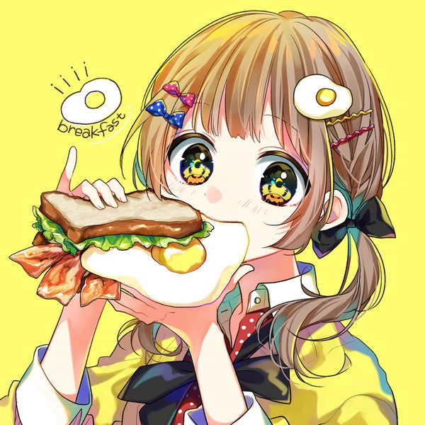 Anime picture 1516x1516 with original kaname monika single long hair looking at viewer simple background brown hair twintails yellow eyes upper body low twintails eating open collar yellow background pinky out girl bow hair bow food bobby pin