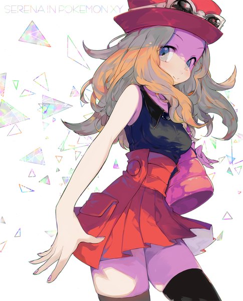 Anime picture 700x865 with pokemon pokemon xy nintendo serena (pokemon) gj single long hair tall image looking at viewer smile brown hair white background bare shoulders nail polish pleated skirt grey eyes copyright name sunglasses on head girl thighhighs