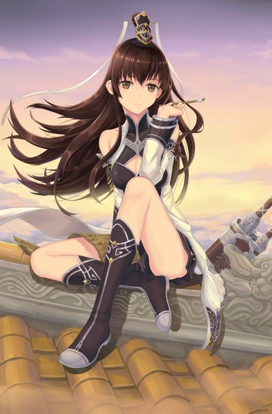 Anime picture 2184x3321 with original shiko single long hair tall image looking at viewer highres black hair sitting brown eyes girl hair ornament weapon sword boots paintbrush calligraphy brush
