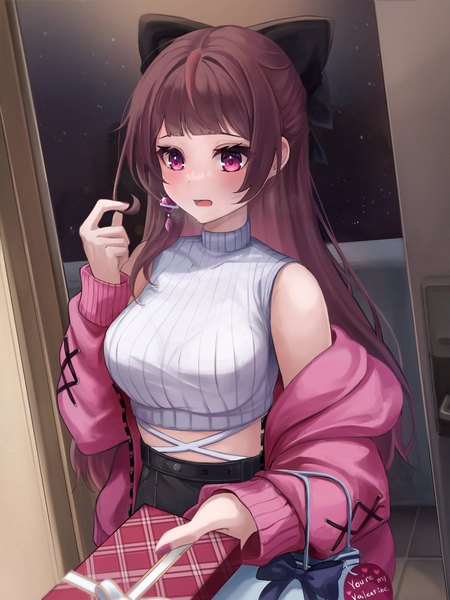 Anime picture 1500x2000 with original nao (okt8538) single long hair tall image blush fringe brown hair holding looking away blunt bangs pink eyes off shoulder midriff embarrassed valentine playing with hair girl bow hair bow